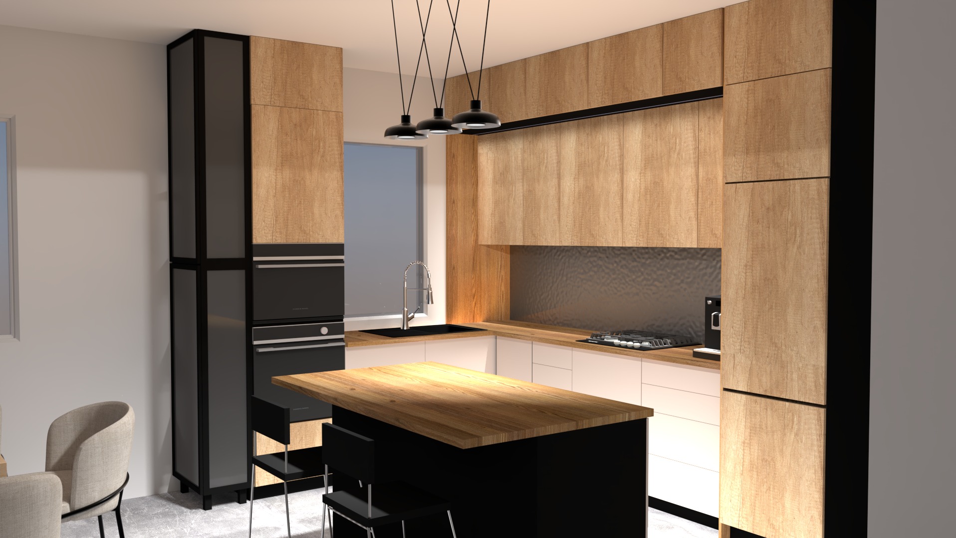 Wizualizacja nowoczesnej kuchni z drewnianymi szafkami, czarnymi akcentami i wyspą z drewnianym blatem, oświetloną trzema wiszącymi lampami.