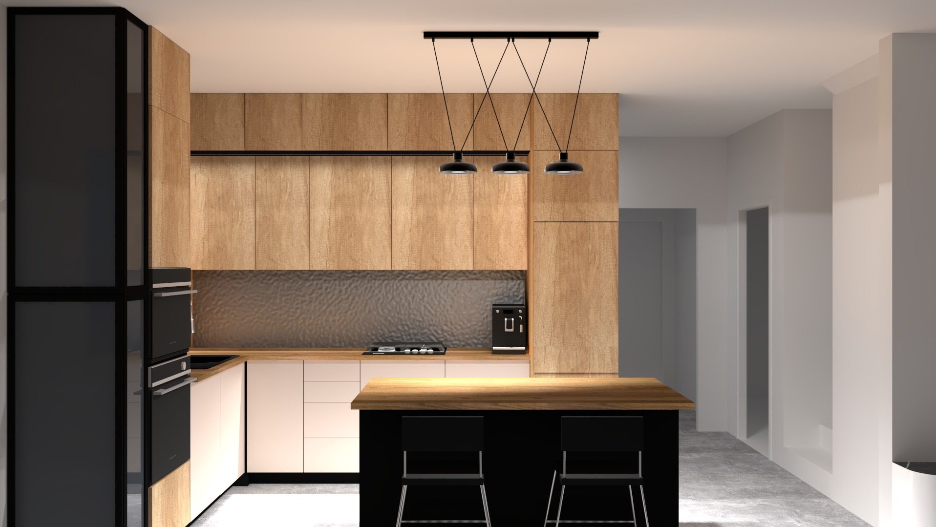 Wizualizacja nowoczesnej kuchni z drewnianymi frontami szafek, czarnymi elementami wykończeniowymi, wyspą z czarnymi krzesłami barowymi i potrójną lampą wiszącą.