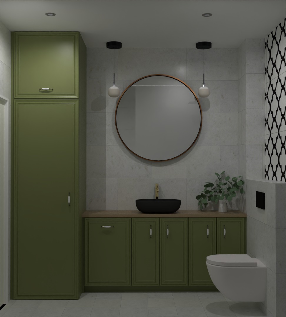 Wizualizacja łazienki z szafkami w odcieniu oliwkowej zieleni, okrągłym lustrem z miedzianą ramą i czarną umywalką nablatową.