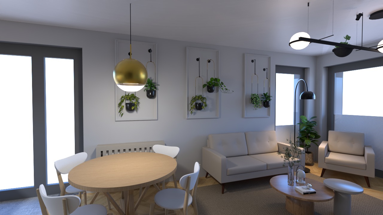 Jasne wnętrze mieszkania z okrągłym drewnianym stołem, białymi krzesłami, kremową sofą i fotelami, ozdobione wiszącymi roślinami w białych ramach i nowoczesnym oświetleniem.