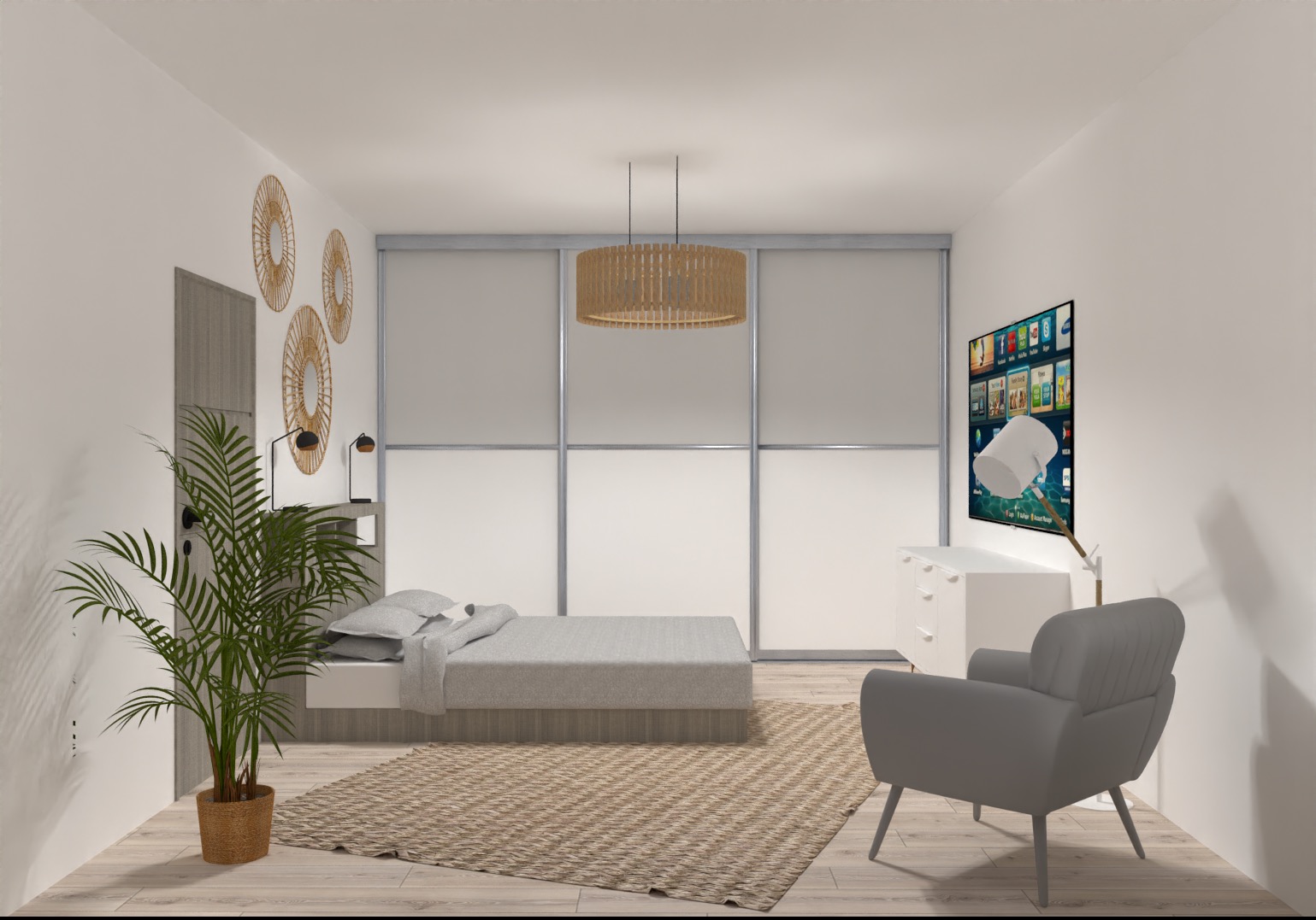 Wizualizacja sypialni w neutralnych barwach: łóżko, fotel, dywan w odcieniach beżu. Dekoracje ścienne, lampa wisząca. Minimalistyczny styl, jasne wnętrze.