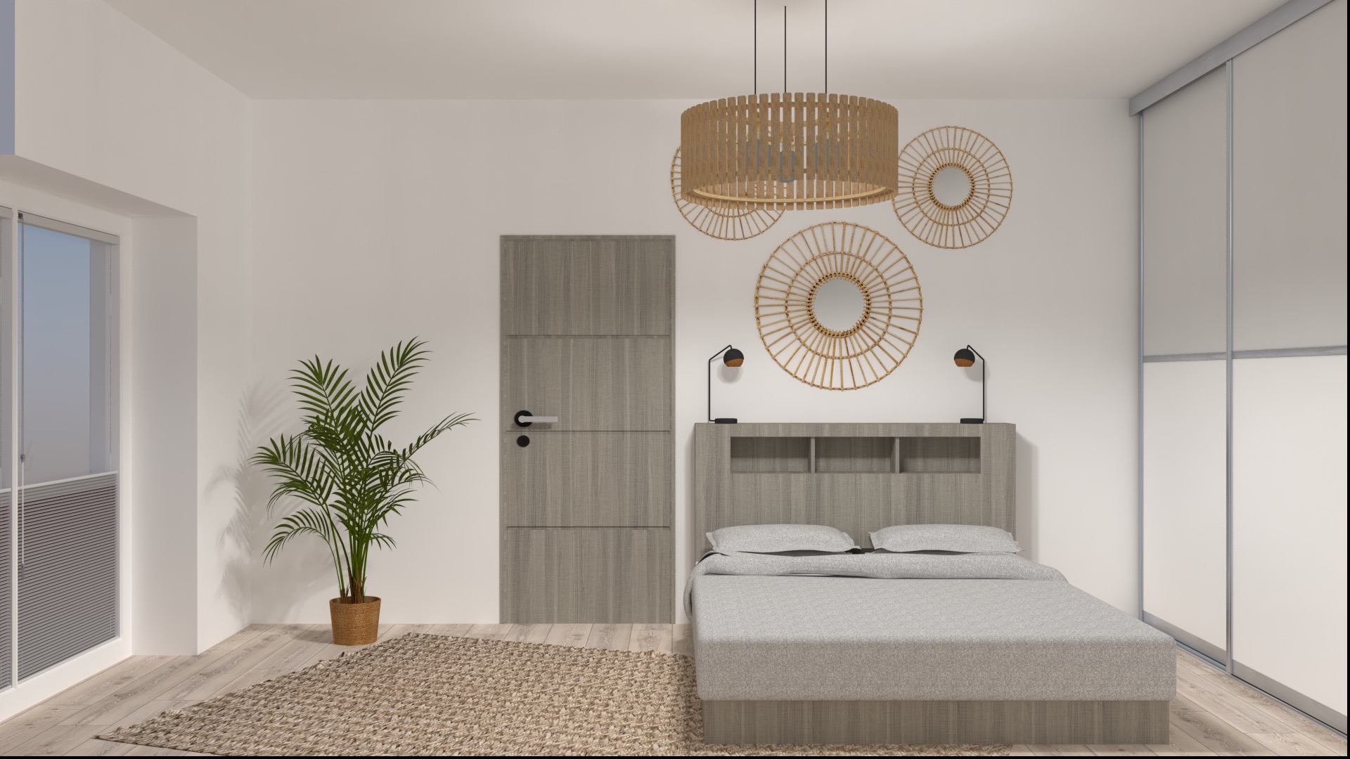 Wnętrze sypialni z łóżkiem, lampami, okrągłymi lustrami na ścianie i rośliną w doniczce. Aranżacja w neutralnych kolorach z elementami drewna.