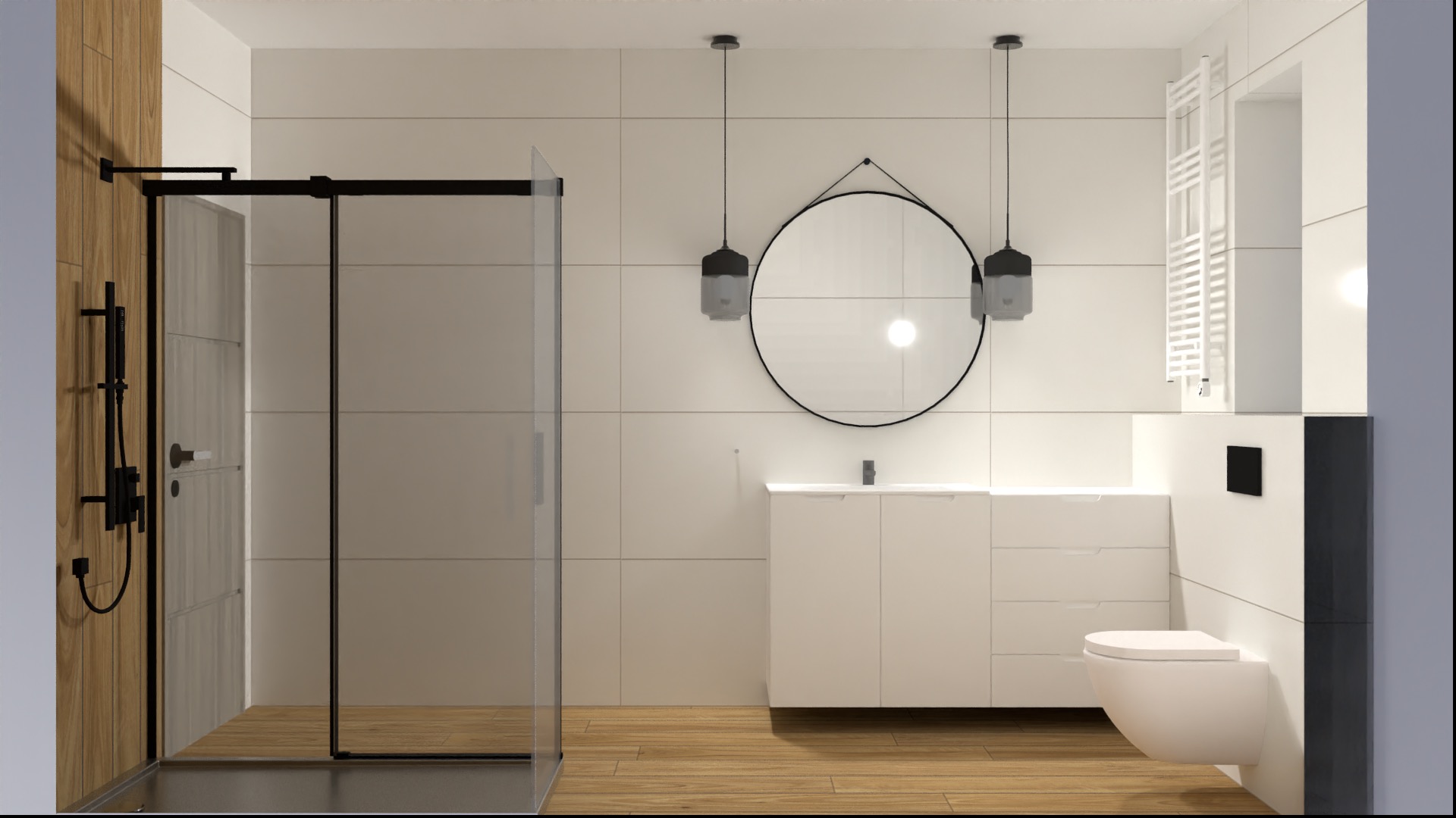 Nowoczesna łazienka z kabiną prysznicową typu walk-in, okrągłym lustrem i drewnianą podłogą. Minimalistyczny design, biała armatura i czarne akcenty.