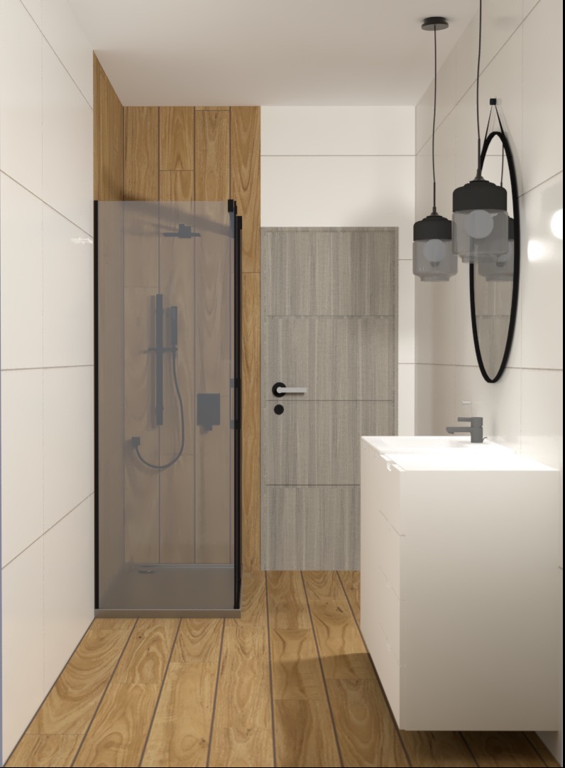 Wizualizacja łazienki z kabiną prysznicową, umywalką i drewnianą podłogą. Minimalistyczne lampy wiszące i owalne lustro dodają nowoczesnego charakteru.