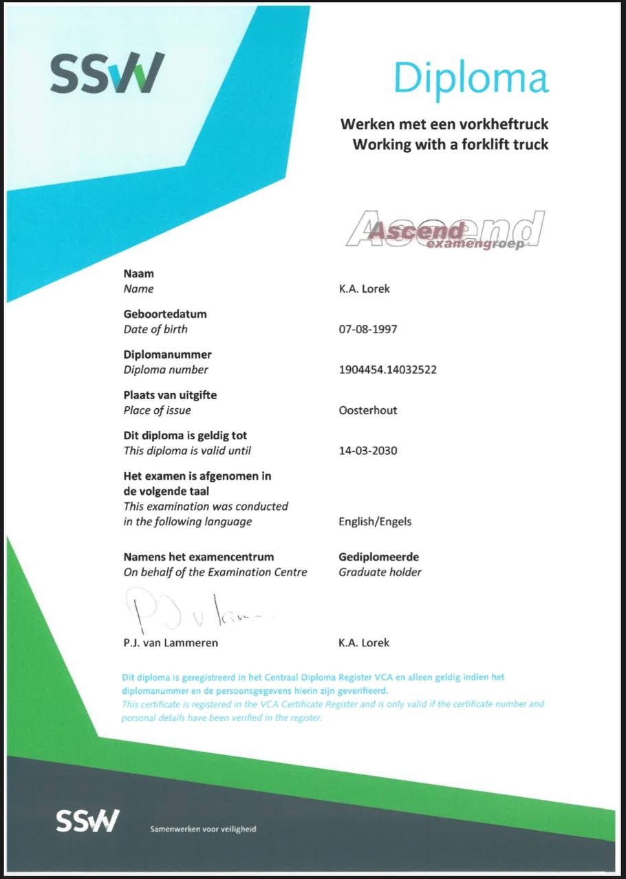 Uprawnienia na wózki widłowe.