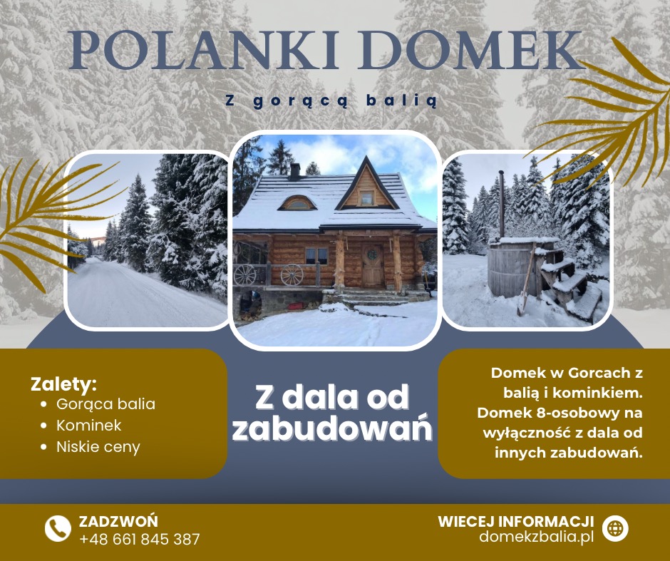 Grafika reklamowa domku w górach z balią i kominkiem, otoczonego zimowym krajobrazem. Oferta domku 8-osobowego na wyłączność, z dala od zabudowań.