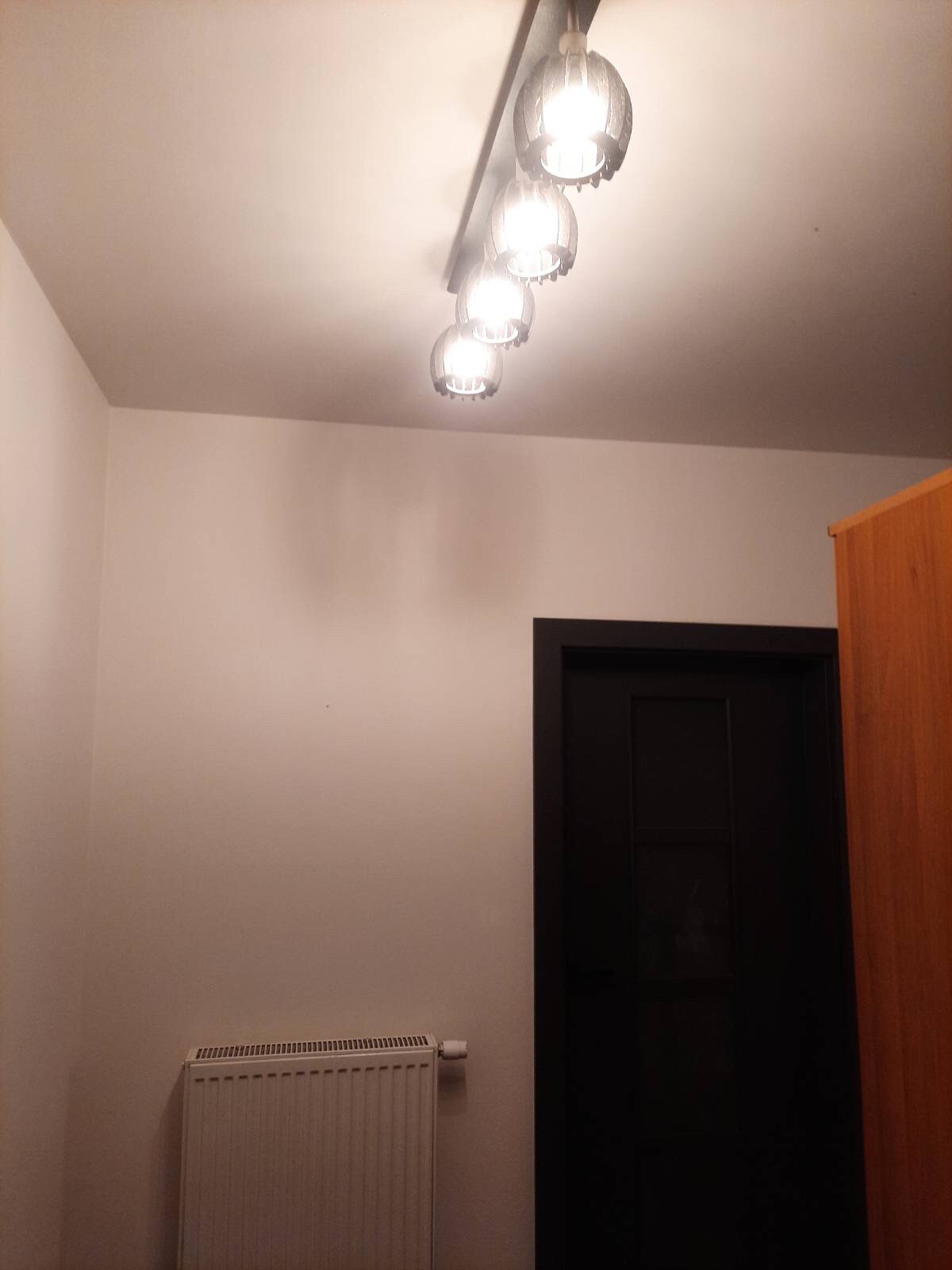 Wnętrze pomalowanego na jasny odcień przedpokoju z grzejnikiem, czarnymi drzwiami i lampą sufitową z czterema kloszami