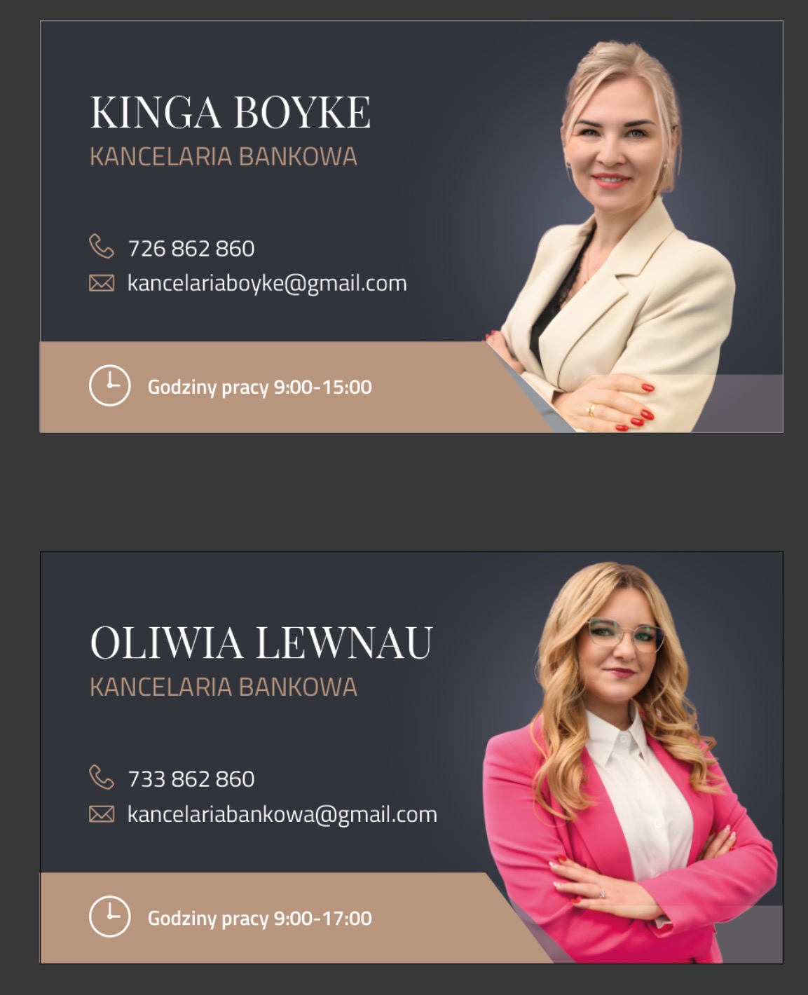 Kolaż wizytówek kancelarii bankowej z portretami Kingi Boyke i Oliwii Lewnau, numerami telefonów, adresami e-mail i godzinami pracy.