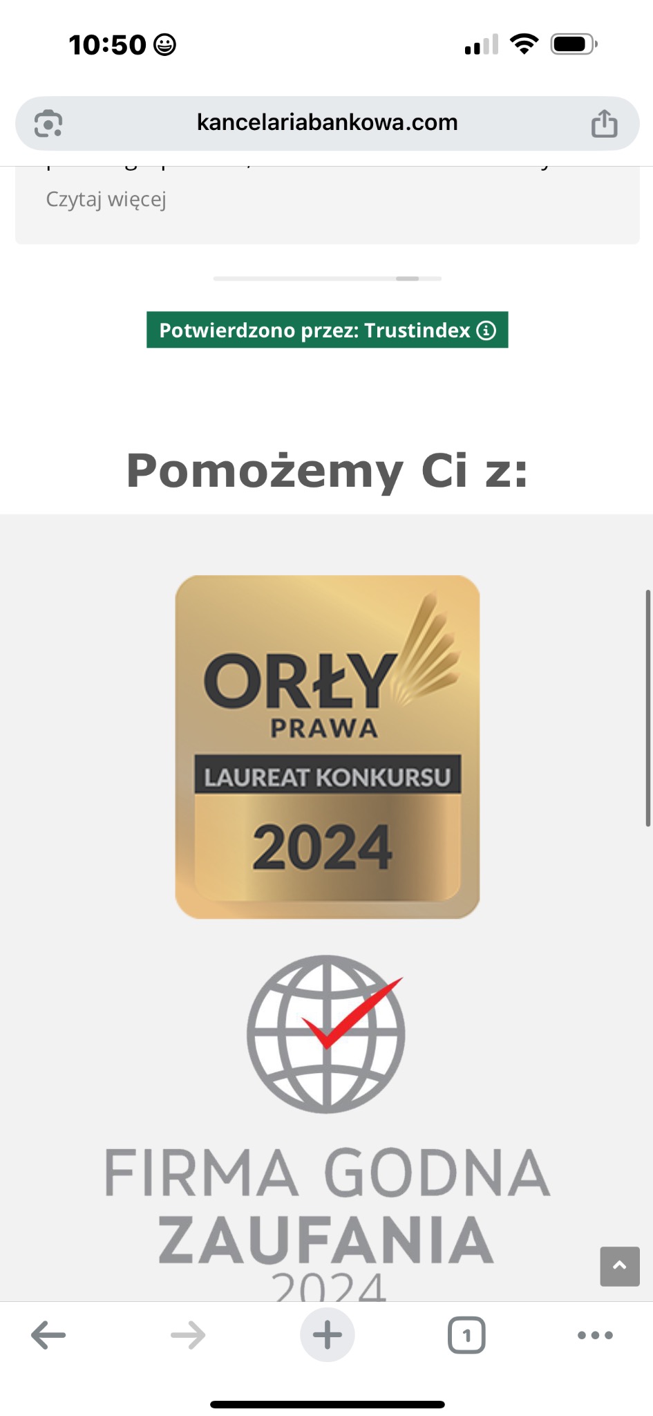 Zrzut ekranu strony kancelariabankowa.com z wyróżnieniem 'Orły Prawa - Laureat Konkursu 2024' i logotypem 'Firma Godna Zaufania 2024'.