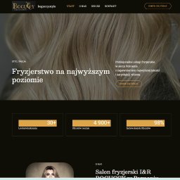 PlusDok Artur Długosz - Strona internetowa salonu fryzjerskiego Bogucy z blond włosami w tle, hasłem 'Fryzjerstwo na najwyższym poziomie' i statystykami zadowolenia klientów.
