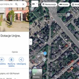 Zrzut ekranu z Map Google przedstawiający wizytówkę firmy Hamera Capital - Dotacje Unijne, Szkolenia, z widokiem budynku firmy oraz mapą satelitarną okolicy.