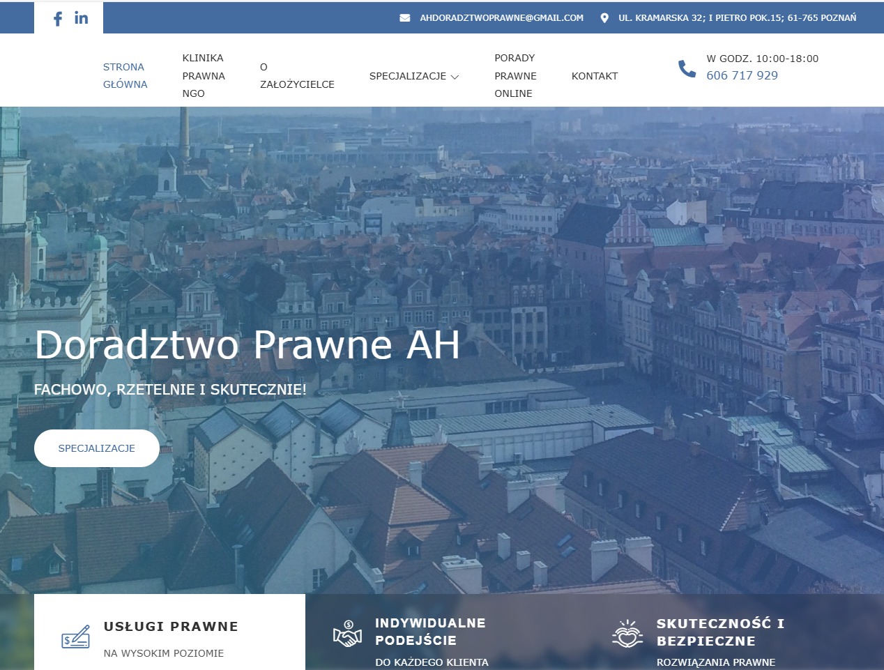 Strona internetowa firmy prawniczej z widokiem na panoramę miasta w tle, nawigacja z linkami do kliniki prawnej, specjalizacji i porad prawnych online.