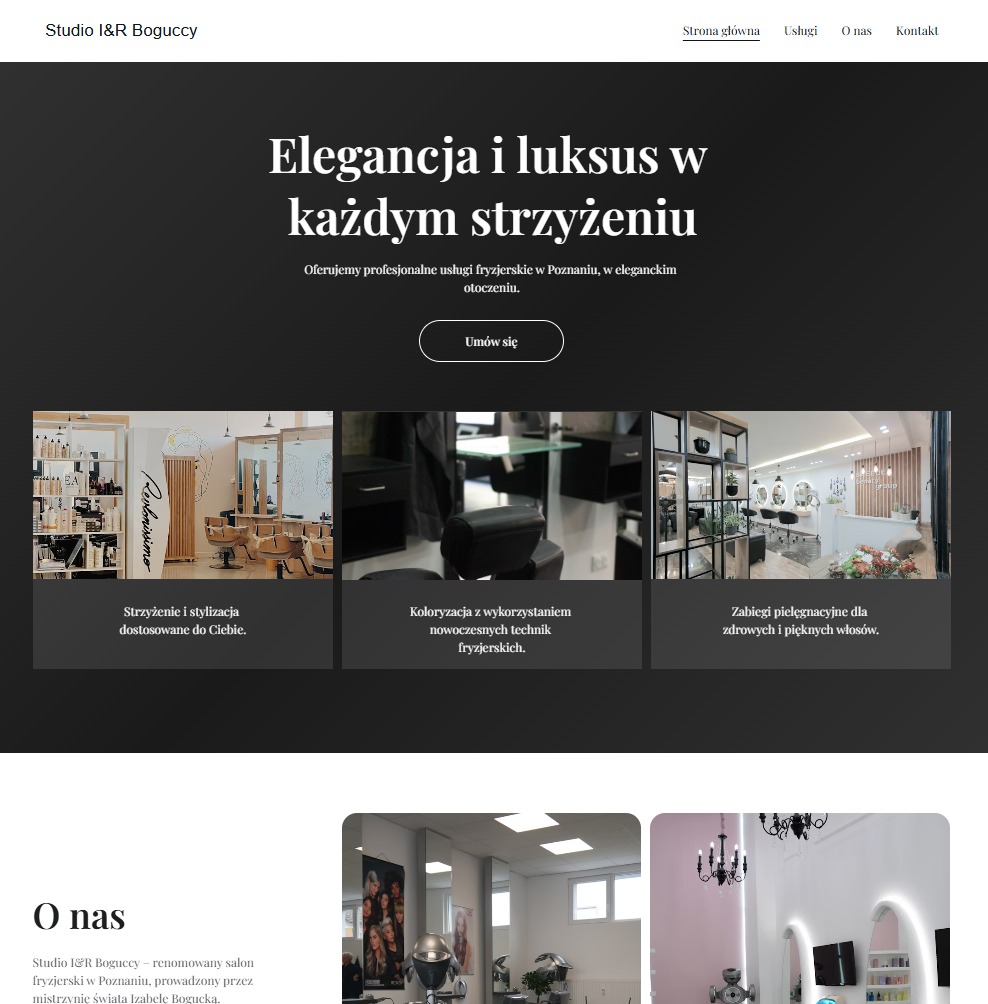 Projekt strony internetowej salonu fryzjerskiego Studio I&R Boguccy z hasłem 'Elegancja i luksus w każdym strzyżeniu', prezentujący galerię zdjęć salonu z zabiegami strzyżenia, koloryzacji...