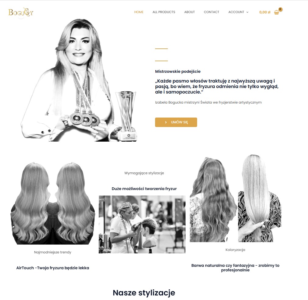 Strona internetowa salonu fryzjerskiego z wizerunkiem właścicielki, informacjami o ofercie i możliwością umówienia wizyty.
