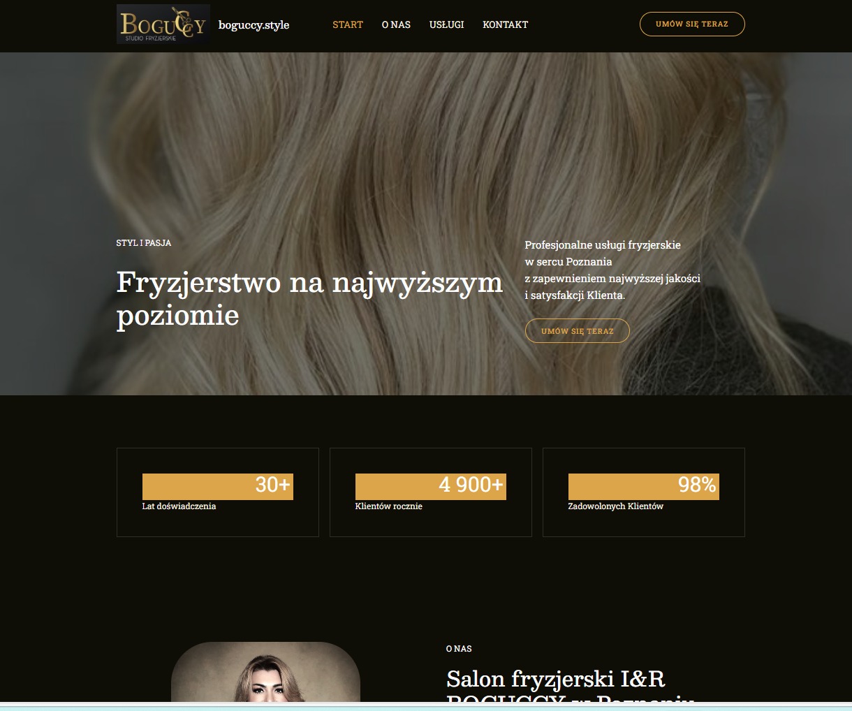 Strona internetowa salonu fryzjerskiego Bogucy z blond włosami w tle, hasłem 'Fryzjerstwo na najwyższym poziomie' i statystykami zadowolenia klientów.