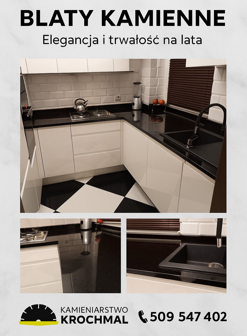 Czarny, kamienny blat kuchenny z połyskiem w nowoczesnej kuchni z białymi szafkami i czarno-białą podłogą w szachownicę. Widoczne akcesoria kuchenne.