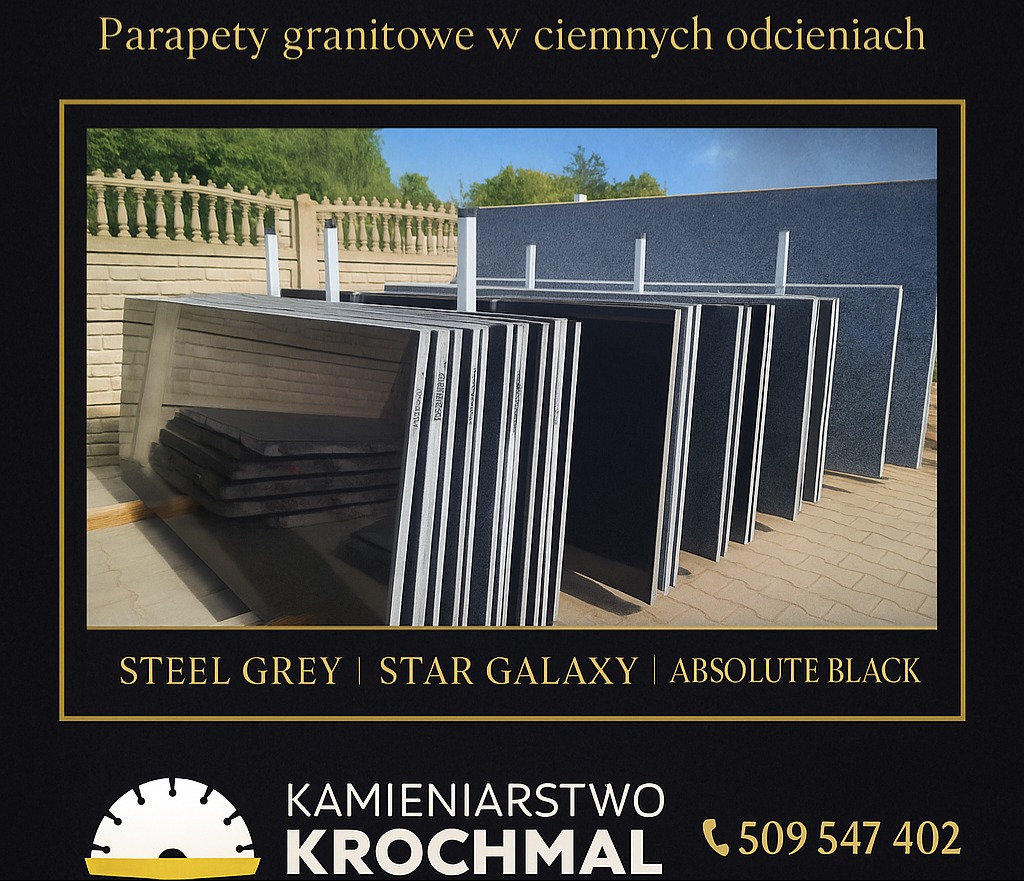 Ciemne parapety granitowe: Steel Grey, Star Galaxy, Absolute Black. Ekspozycja różnych odcieni i faktur kamienia na tle zieleni. Prezentacja kamieniarstwa.