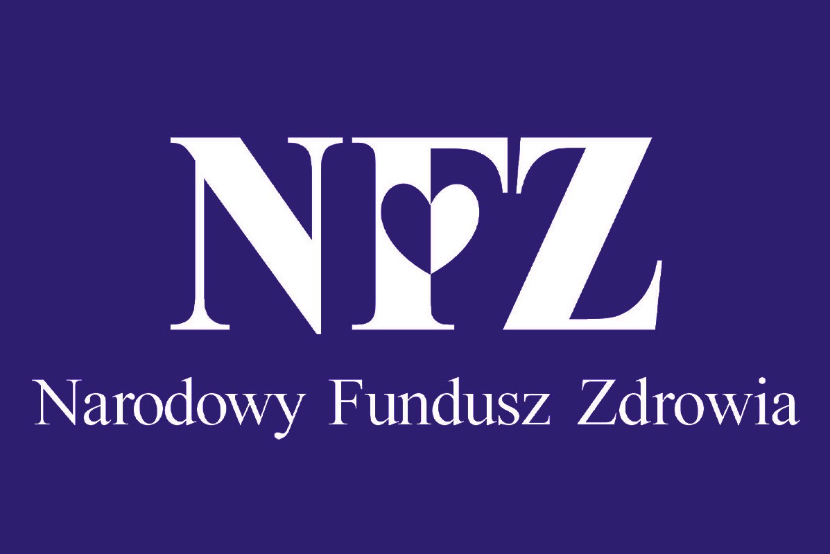 Logo NFZ (Narodowy Fundusz Zdrowia) w Radomiu na fioletowym tle, z sercem wkomponowanym w napis.