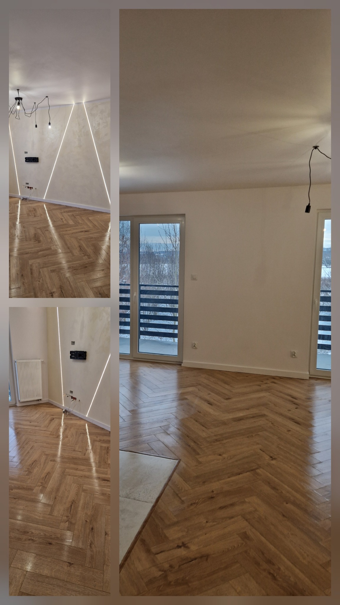 Salon w Rzeszowie z parkietem ułożonym we wzór jodełki, oświetleniem LED wzdłuż ścian i widokiem na zimowy krajobraz z balkonu.