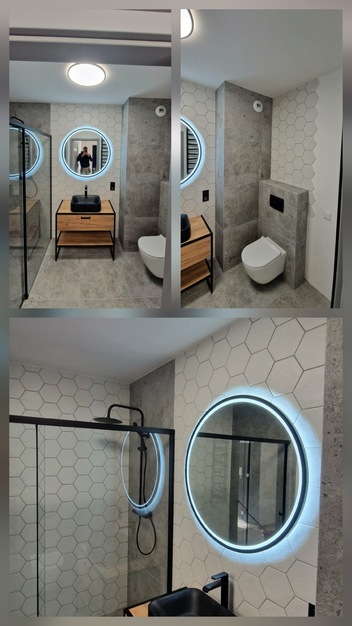 Nowoczesna łazienka z heksagonalnymi płytkami, okrągłym lustrem z podświetleniem LED, czarną umywalką nablatową na drewnianej szafce z metalowym stelażem oraz kabiną prysznicową typu walk-in...