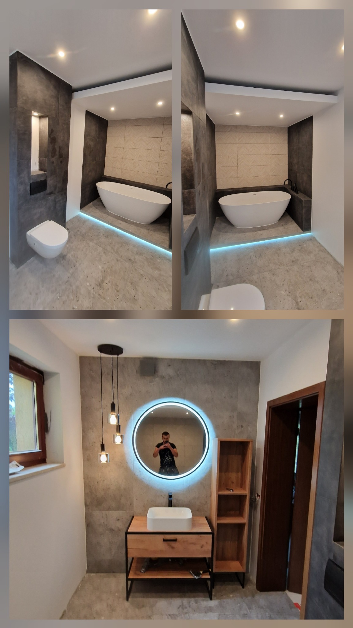 Nowoczesna łazienka z wolnostojącą wanną, podświetleniem LED w podłodze, toaletą podwieszaną i okrągłym lustrem z podświetleniem, odbijającym postać fotografa.