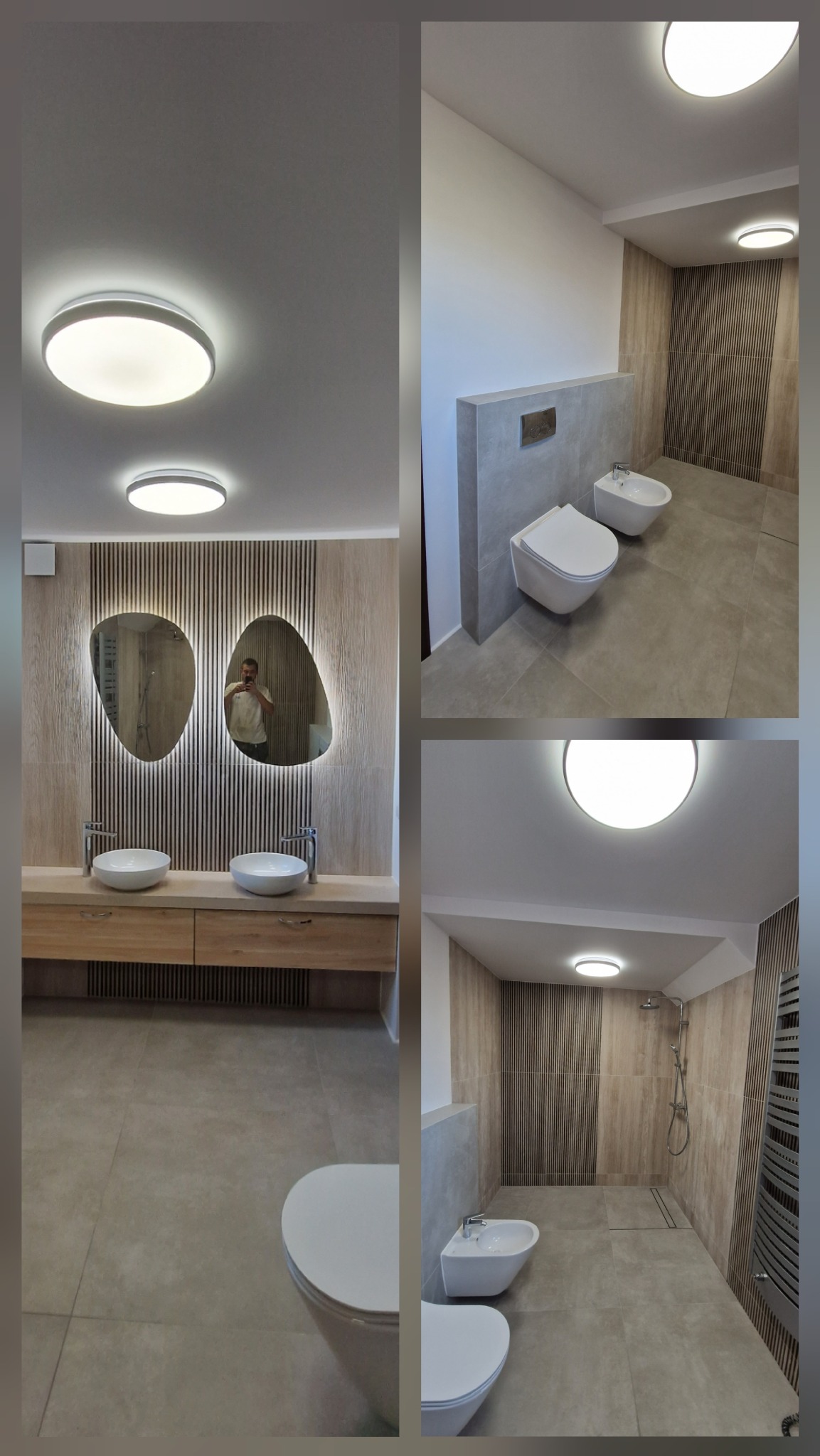 Nowoczesna łazienka z dwoma asymetrycznymi lustrami podświetlanymi LED, drewnianą szafką pod umywalki, toaletą i bidetem w strefie WC oraz kabiną prysznicową typu walk-in z odpływem liniowym...