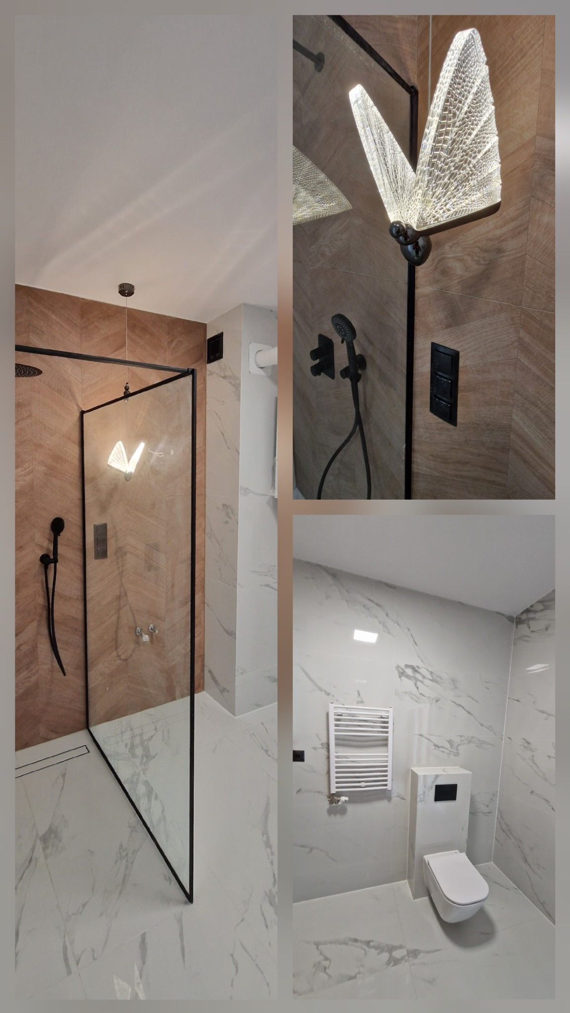 Nowoczesna łazienka z kabiną prysznicową typu walk-in z czarnymi ramami, oświetleniem w kształcie motyla i płytkami imitującymi drewno oraz marmur.