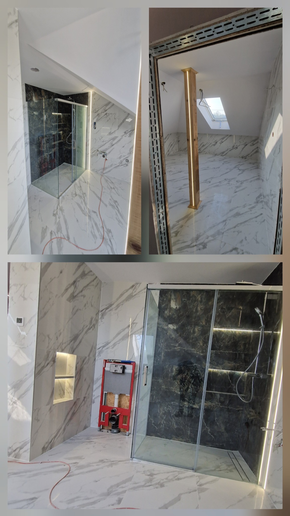 Wnętrze łazienki w trakcie remontu na poddaszu, widoczne marmurowe płytki, kabina prysznicowa z czarnymi elementami, stelaż podtynkowy WC i drewniany słup nośny.