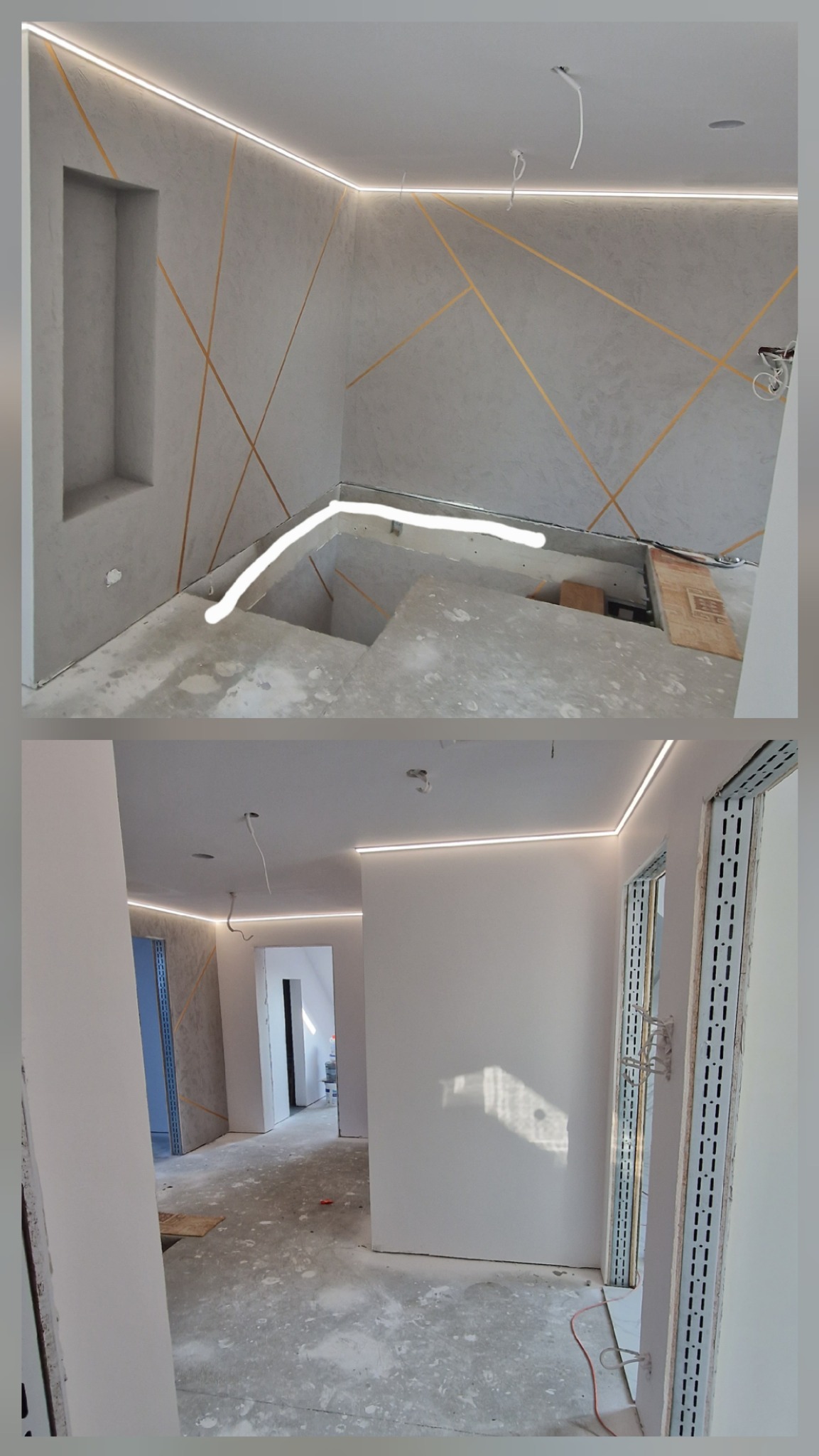 Surowy stan wnętrza z szarymi ścianami zdobionymi złotymi, geometrycznymi liniami, podświetlonymi listwami LED na suficie i wnęką w ścianie, ukazujący etap prac wykończeniowych.