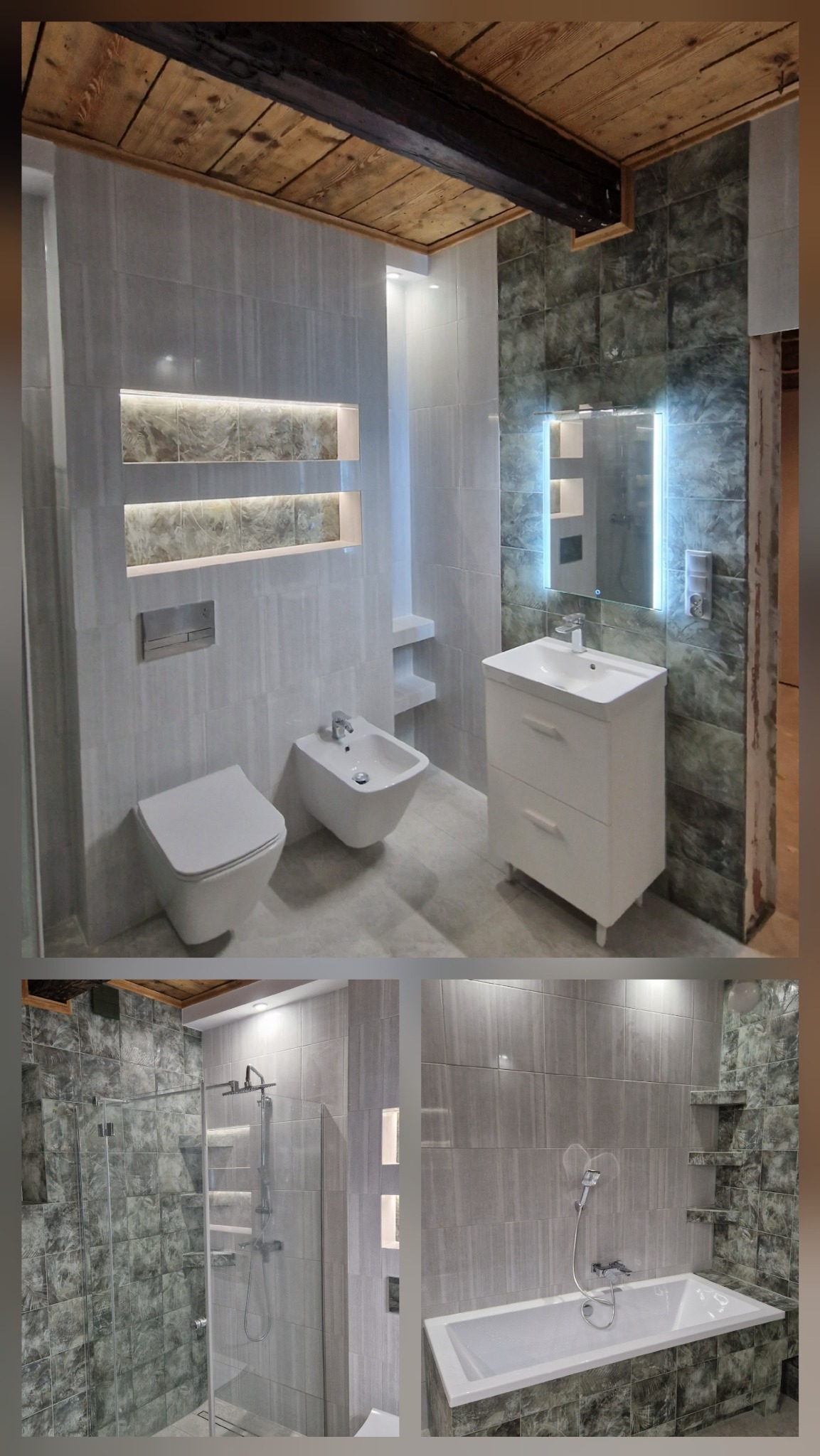 Nowoczesna łazienka z szarymi płytkami imitującymi kamień, drewnianym sufitem i podświetlanymi niszami, prezentująca umywalkę z szafką, toaletę i bidet.