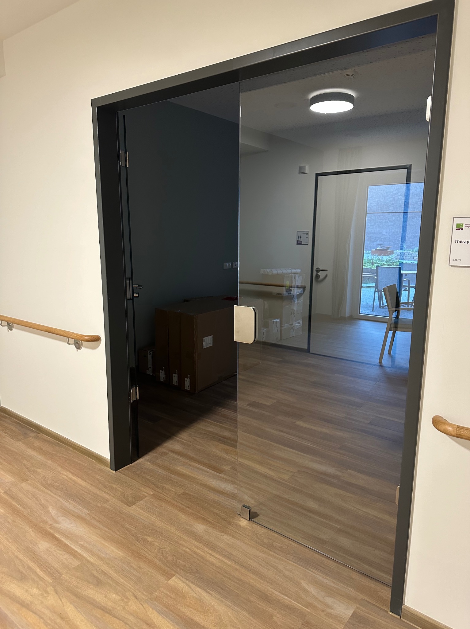 Szklane drzwi wewnętrzne z czarną ramą, widok na korytarz z drewnianą podłogą i poręczą. W tle paczki i widok na ogród przez kolejne drzwi.