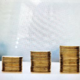 Agnieszka Adamczyk Ekspert ds. Kredytów Hipotecznych - Stopniowy wzrost stosów złotych monet, zwieńczony małym, białym domkiem z brązowymi drzwiami i oknem, symbolizujący rosnące oszczędności na zakup nieruchomości.