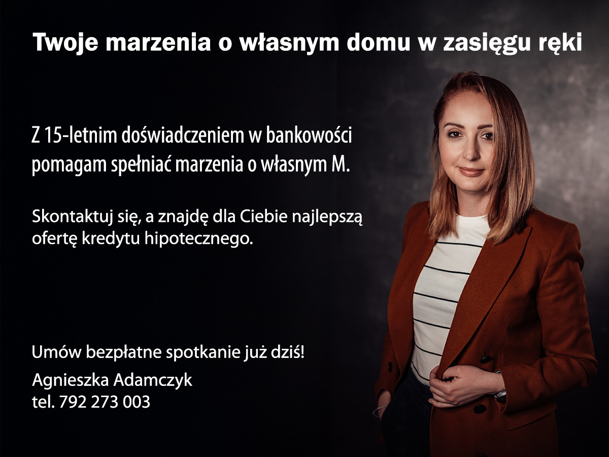 Portret kobiety w brązowej marynarce, oferującej pomoc w uzyskaniu kredytu hipotecznego, z tekstem 'Twoje marzenia o własnym domu w zasięgu ręki' i numerem telefonu 792 273 003.