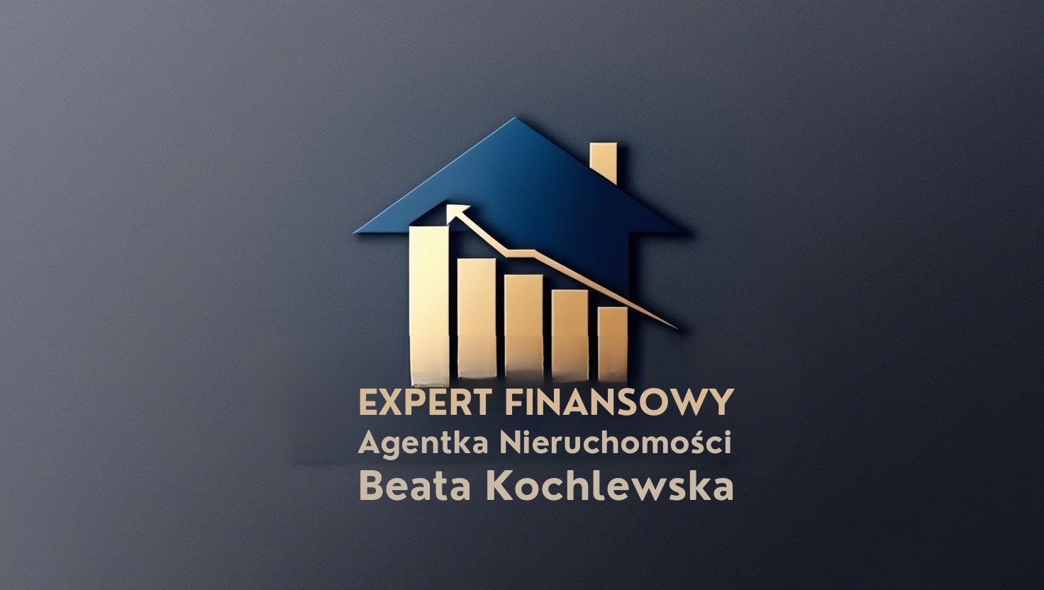 Logo firmy: niebieski dom z wykresem wzrostu w kolorze złotym, napis 'EKSPERT FINANSOWY Agentka Nieruchomości Beata Kochlewska' w kolorze złotym na ciemnoszarym tle.