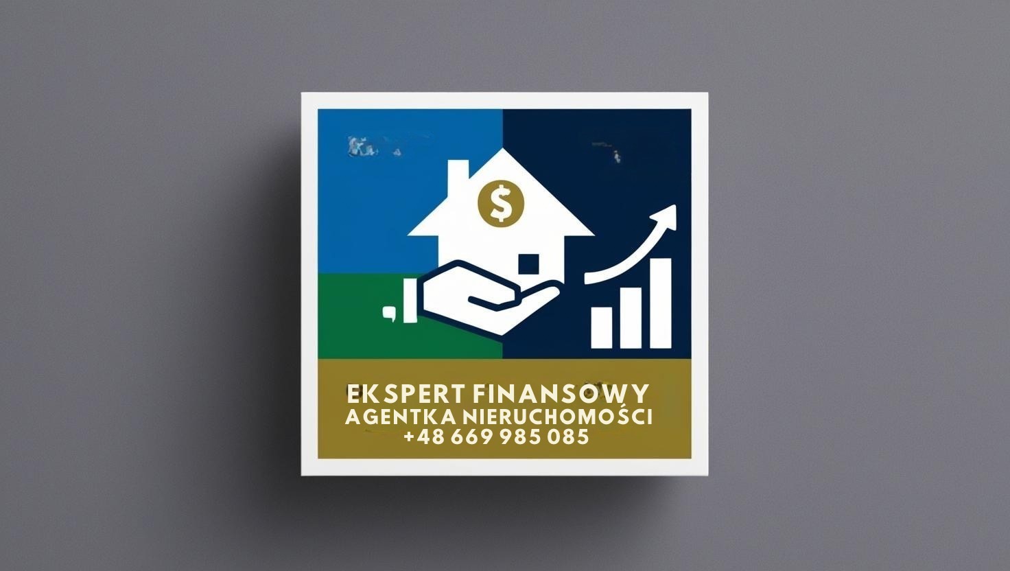 Logo agentki nieruchomości i eksperta finansowego z ikoną domu z dolarem, ręką i wykresem wzrostu na tle w kolorach niebieskim, zielonym i złotym, oraz numerem telefonu.