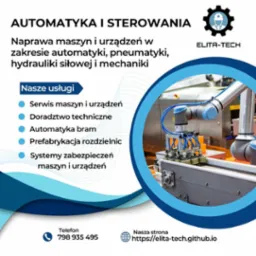 Grafika reklamowa firmy Elita-Tech oferującej automatykę i sterowanie, z robotem przemysłowym w tle i listą usług: serwis maszyn, doradztwo techniczne, automatyka bram, prefabrykacja rozdzielnic...