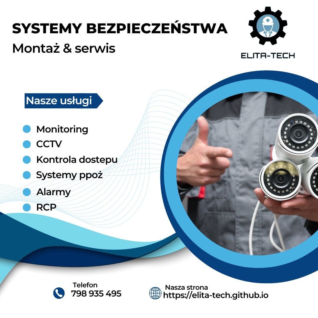 Reklama firmy Elita-Tech oferującej montaż i serwis systemów bezpieczeństwa, prezentująca monitoring CCTV trzymany w dłoni.