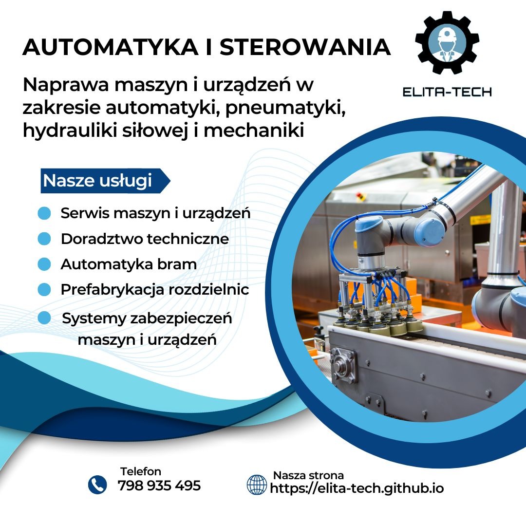 Grafika reklamowa firmy Elita-Tech oferującej automatykę i sterowanie, z robotem przemysłowym w tle i listą usług: serwis maszyn, doradztwo techniczne, automatyka bram, prefabrykacja rozdzielnic...
