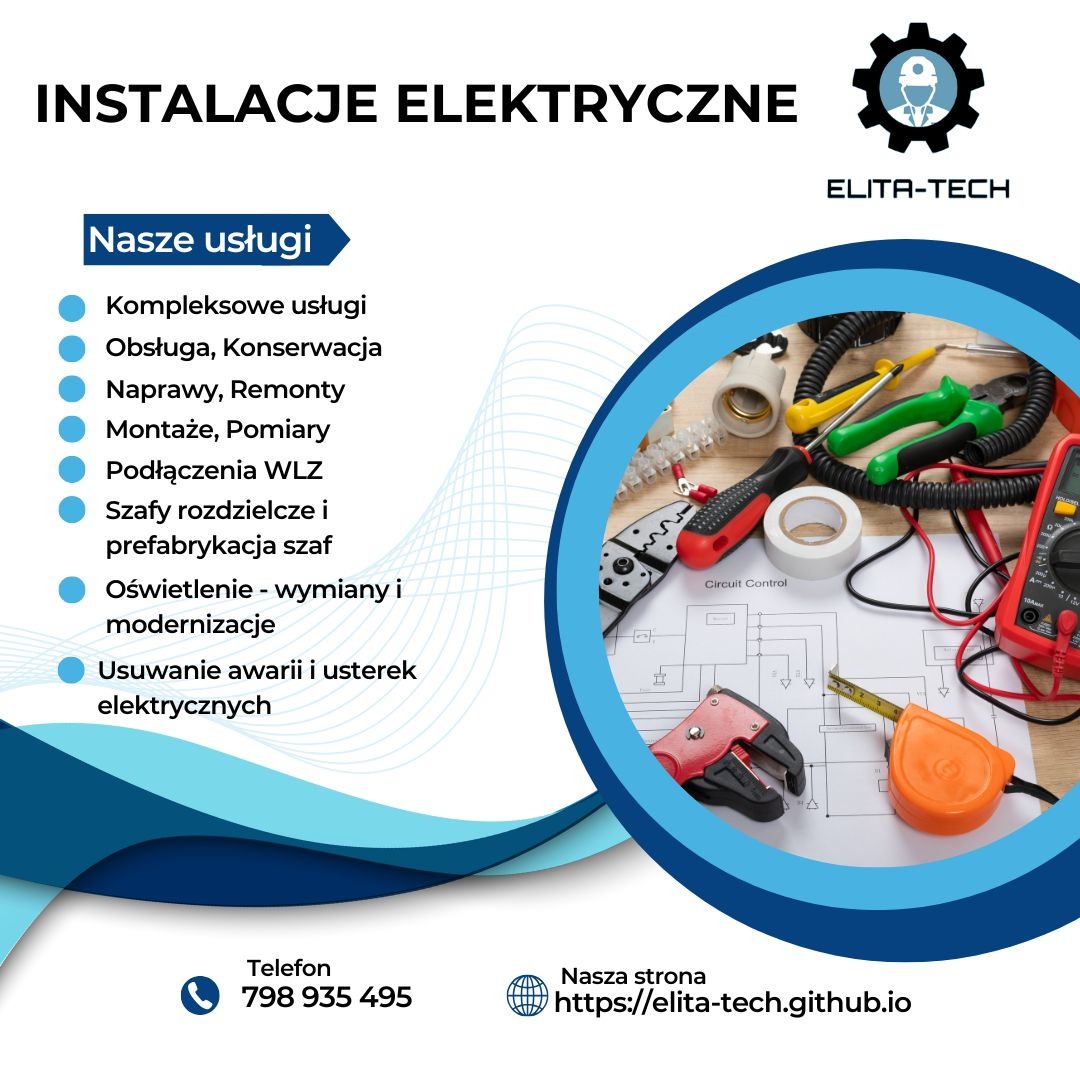 Plakat reklamowy firmy Elita-Tech z listą oferowanych usług elektrycznych, narzędziami i schematem elektrycznym w tle.