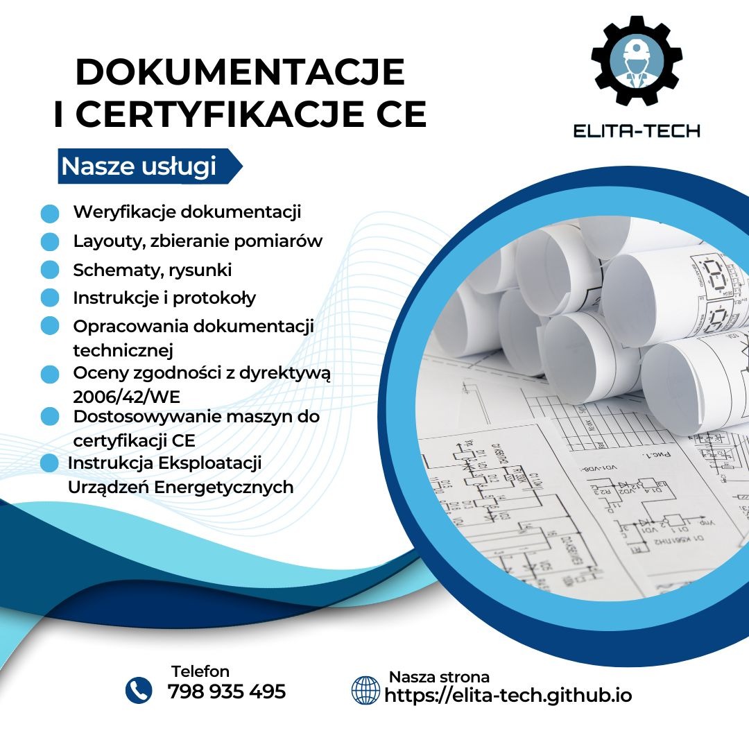 Grafika reklamowa firmy ELITA-TECH oferującej dokumentacje i certyfikacje CE, w tym weryfikacje dokumentacji, schematy, rysunki i instrukcje, z widocznymi rolkami dokumentacji technicznej...