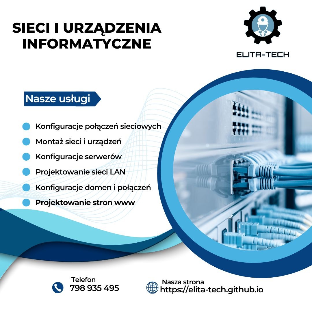 Grafika reklamowa firmy informatycznej Elita-Tech przedstawiająca serwerownię z podłączonymi kablami sieciowymi, zestawienie usług firmy oraz dane kontaktowe.