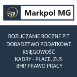 Logo firmy Markpol MG z ofertą rozliczania rocznego PIT, doradztwa podatkowego, księgowości, kadr, płac, ZUS, BHP i prawa pracy na granatowym tle.