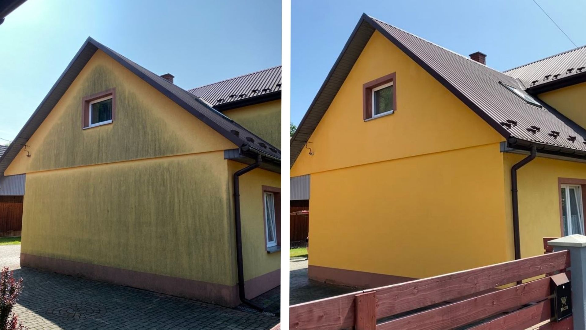 Żółta elewacja domu przed i po czyszczeniu, widoczne wyraźne różnice w kolorze i czystości. Dach z brązowej blachy, drewniany płot w tle.