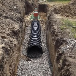 Firma Usługowa Łukasz Głowacki - Wykop z ułożonym drenażem rurowym obsypanym żwirem, widoczne studzienki kontrolne i otoczenie działki z budynkiem.