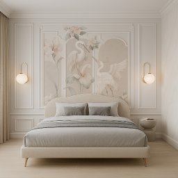 AR interior design- projektowanie wnętrz Angelika Rucka - Jasna sypialnia z tapetą w kwiaty i żurawie za łóżkiem. Na ścianie telewizor i lampki. Beżowe łóżko z szarą narzutą, drewniana podłoga.