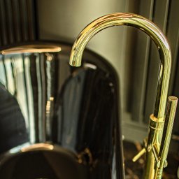 AR interior design- projektowanie wnętrz Angelika Rucka - Błyszcząca, złota bateria umywalkowa o łukowatym kształcie, zamontowana przy czarnej, lśniącej wannie. Minimalistyczne tło.