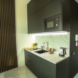 AR interior design- projektowanie wnętrz Angelika Rucka - Nowoczesna, minimalistyczna kuchnia z czarnymi szafkami, złotą armaturą i marmurowym blatem, oświetlona ledami. Na blacie czajnik i misa z owocami.