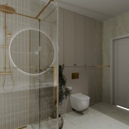 AR interior design- projektowanie wnętrz Angelika Rucka - Stylowa łazienka z kabiną prysznicową typu walk-in, okrągłym lustrem z podświetleniem LED, beżowymi płytkami i zabudową meblową pod sufit. Minimalistyczny design.