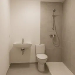 Wykończona łazienka w beżowych płytkach z białą armaturą: umywalka, toaleta i brodzik z prysznicem. Minimalistyczny design, równomierne oświetlenie.