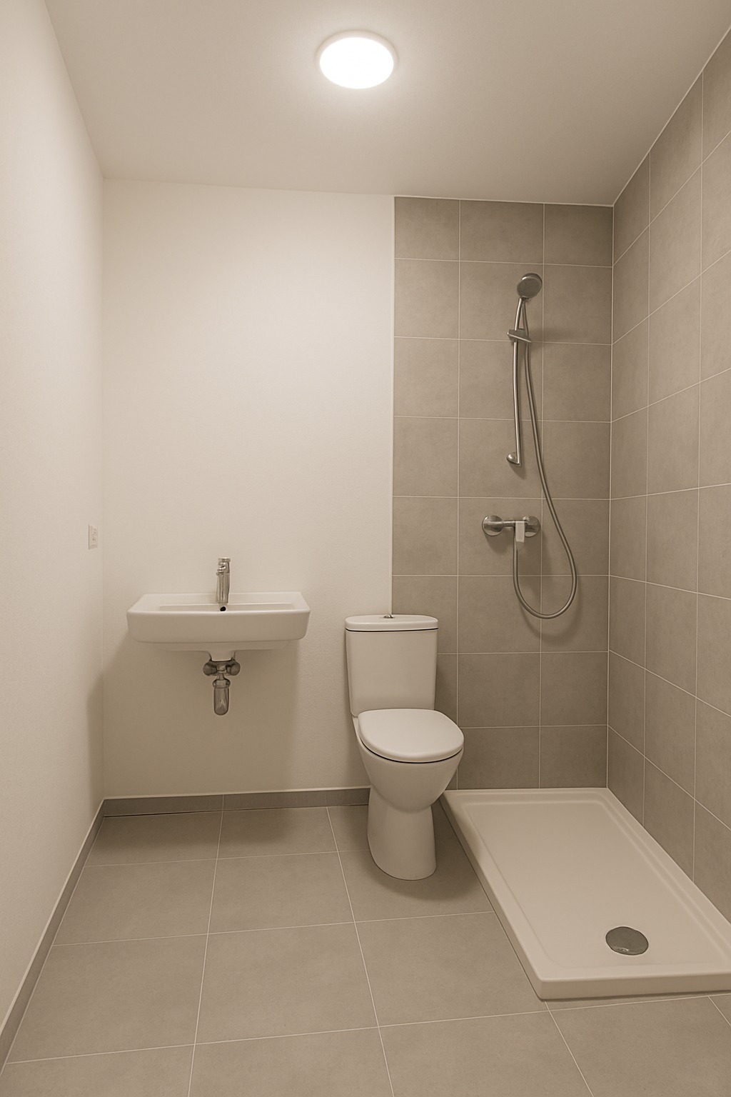 Wykończona łazienka w beżowych płytkach z białą armaturą: umywalka, toaleta i brodzik z prysznicem. Minimalistyczny design, równomierne oświetlenie.